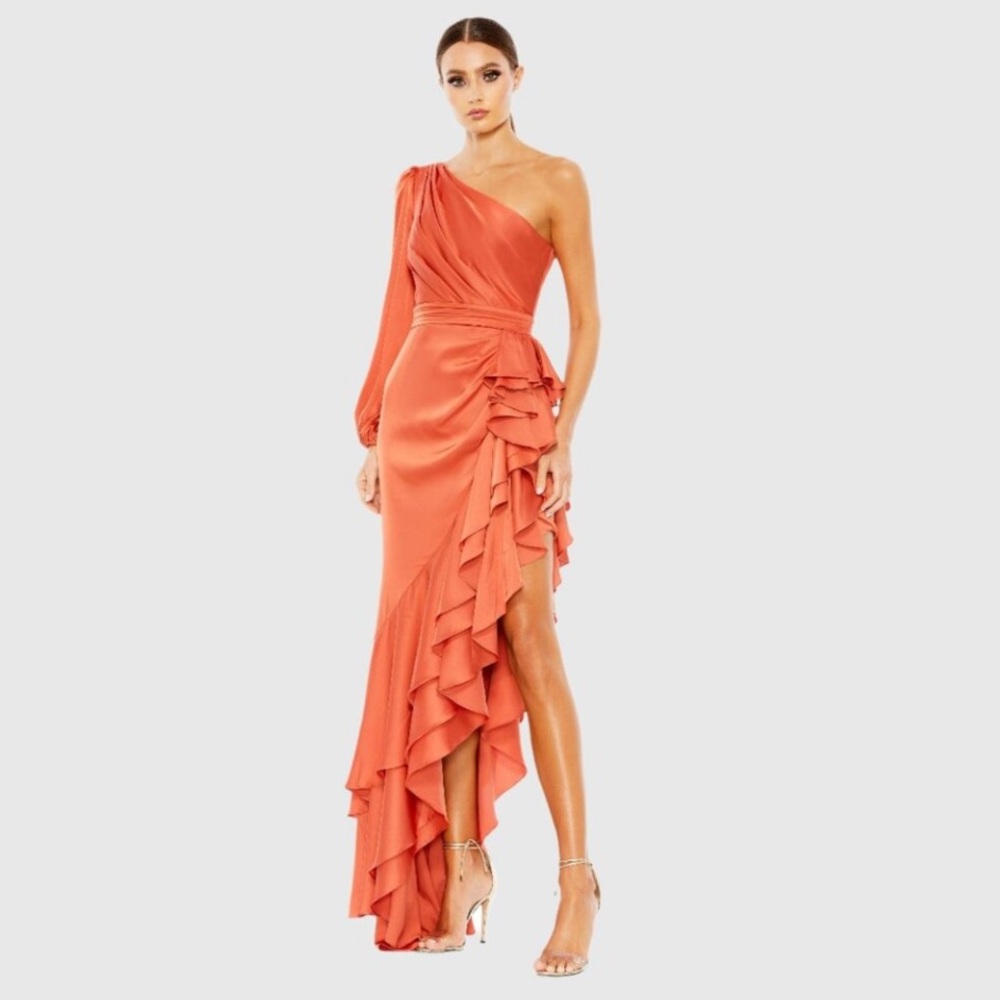 NWT Mac Duggal One Sleeve Cut Out Asymmetrical Ruffled Gown 8 Orange #8266